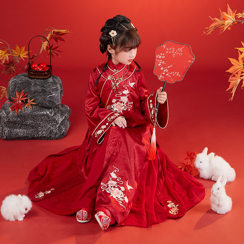 女童红色秀禾服中国风拜年服女孩宝宝汉服古装儿童喜庆唐装过年冬