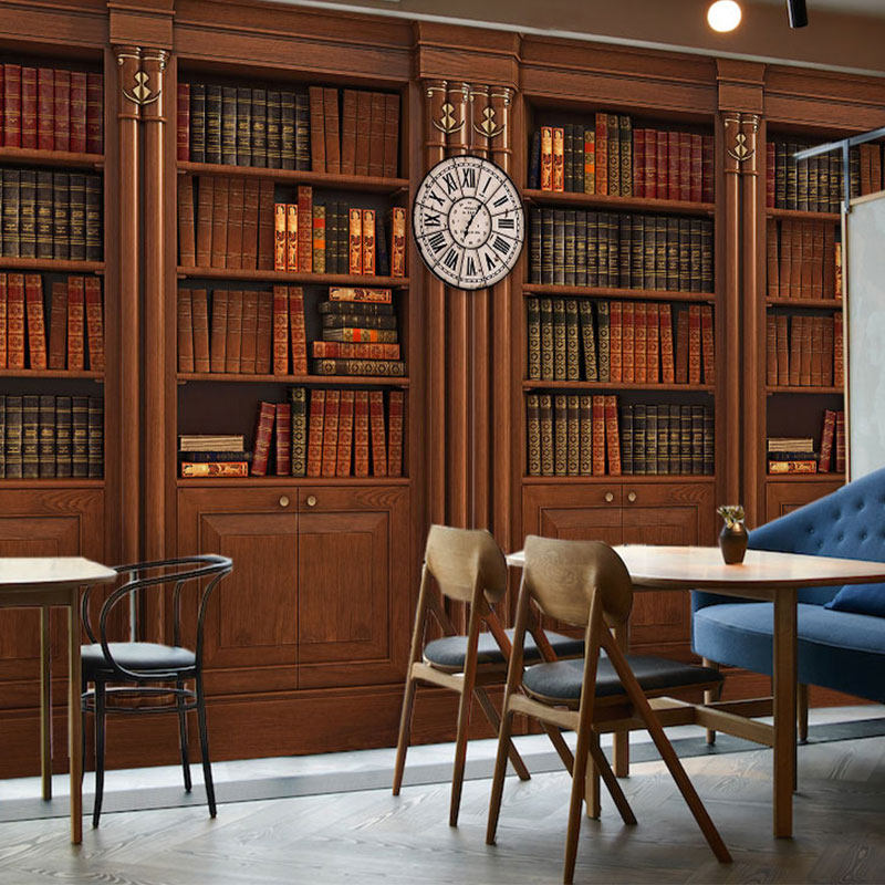 欧式简约复古仿真木质书柜书架墙纸客厅书房餐厅直播间背景墙壁纸