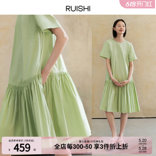 RUISHI芮时 微落肩宽松打揽压褶圆领娃娃裙显瘦短袖连衣裙女夏季