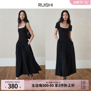 【现货】RUISHI芮时 法式优雅双面针织收腰方领小黑裙连衣裙女夏