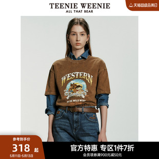 TeenieWeenie小熊奥莱女装2024春装美拉德宽松做旧水洗短袖T恤女