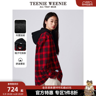 TeenieWeenie小熊奥莱2024休闲时尚红色连帽加绒衬衫外套宽松女