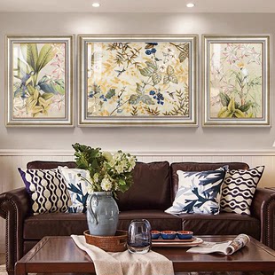 美式田园复古客厅装饰画欧式沙发背景墙挂画法式轻奢花鸟三联画壁