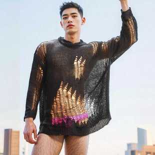 男士夏季韩版薄款镂空长袖针织衫罩衫套头上衣毛衣ins宽松性感潮
