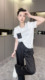 RR fashion 短袖T恤女2024夏季新款设计感撞色拼接钉珠圆领上衣