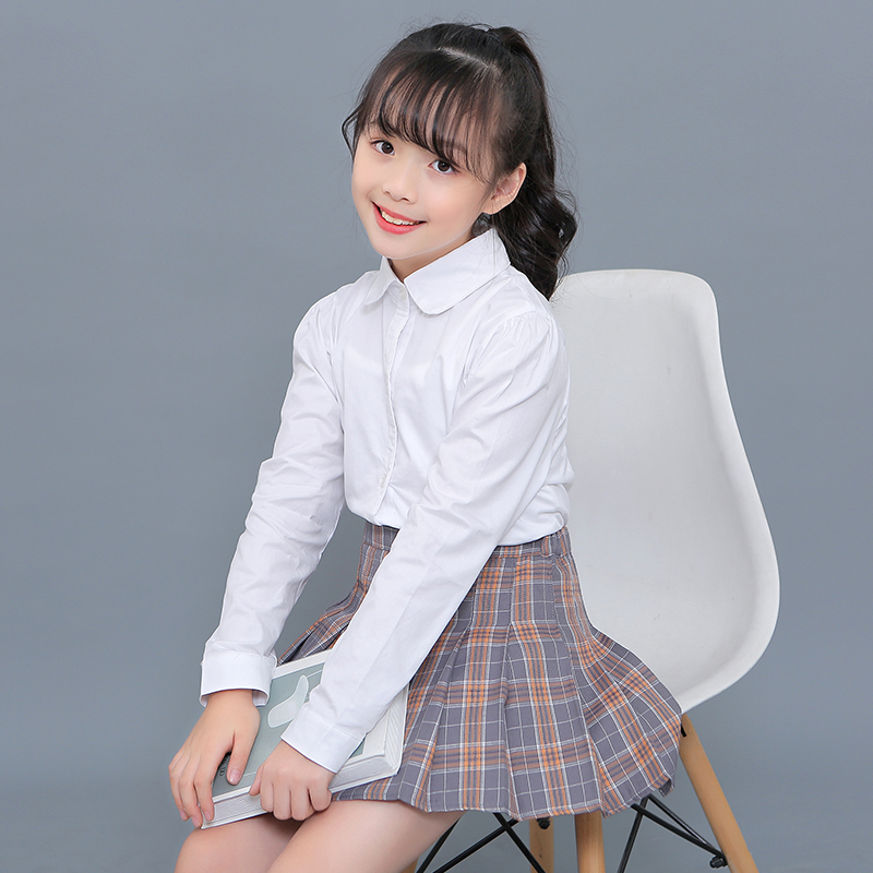 女童长袖白衬衫春秋儿童纯棉白色衬衣女学院风女孩秋款小学生校服