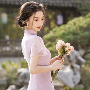 2024年新款紫色旗袍优雅新中式女装改良连衣裙日常中长款小个子