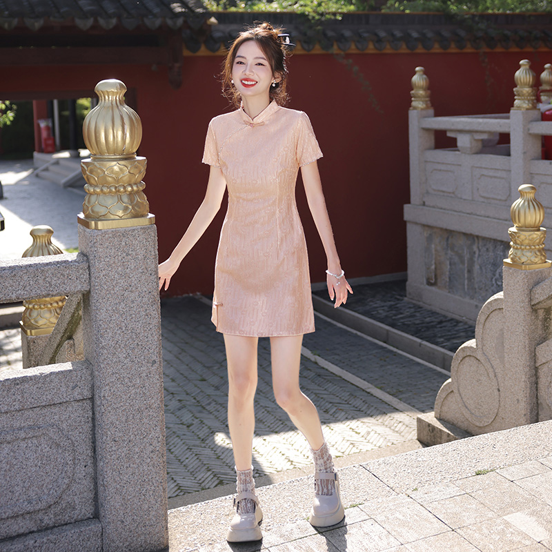 新中式粉色旗袍俏皮少女改良年轻款甜美可爱小个子2024新款连衣裙