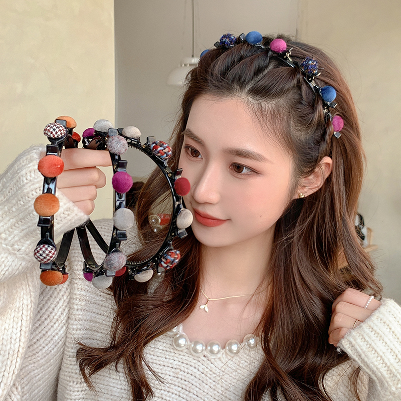 复古港风毛球编发发箍2021年网红新款秋冬刘海编发神器头箍发卡女