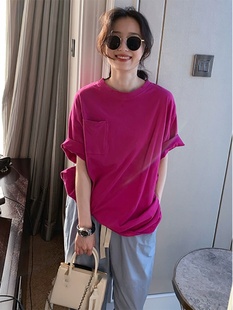 火龙果色短袖t恤女夏季新款设计感口袋宽松慵懒风圆领体恤打底衫