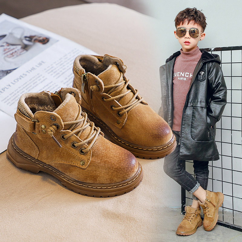儿童马丁靴2020冬季新款男童鞋英伦风真皮中大童加绒加厚男孩靴子