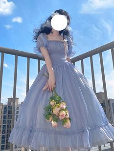 法式蓝色泡泡袖连衣裙夏季在逃公主古着vintage裙子仙女超仙森系