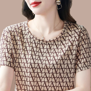 韩国卡其色圆领短袖t恤女夏2024新款显瘦妈妈气质高级感漂亮上衣