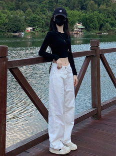 白色直筒牛仔裤女2024春季新款美式低腰辣妹显瘦高街加长拖地裤子