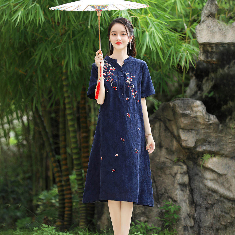 素订原创品牌女装旗舰店2021夏季显瘦刺绣复古立领棉麻提花连衣裙