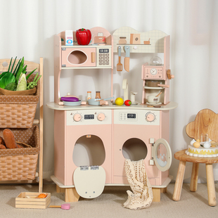 儿童仿真木质粉色厨房玩具3岁女孩幼儿园过家家木制厨具灶台场景
