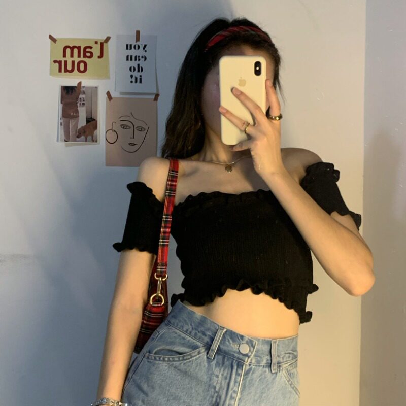 上衣齐肩bf风一字领枫叶衣服女原宿妻子的谎言同款李夏曦同款衣夏-hao