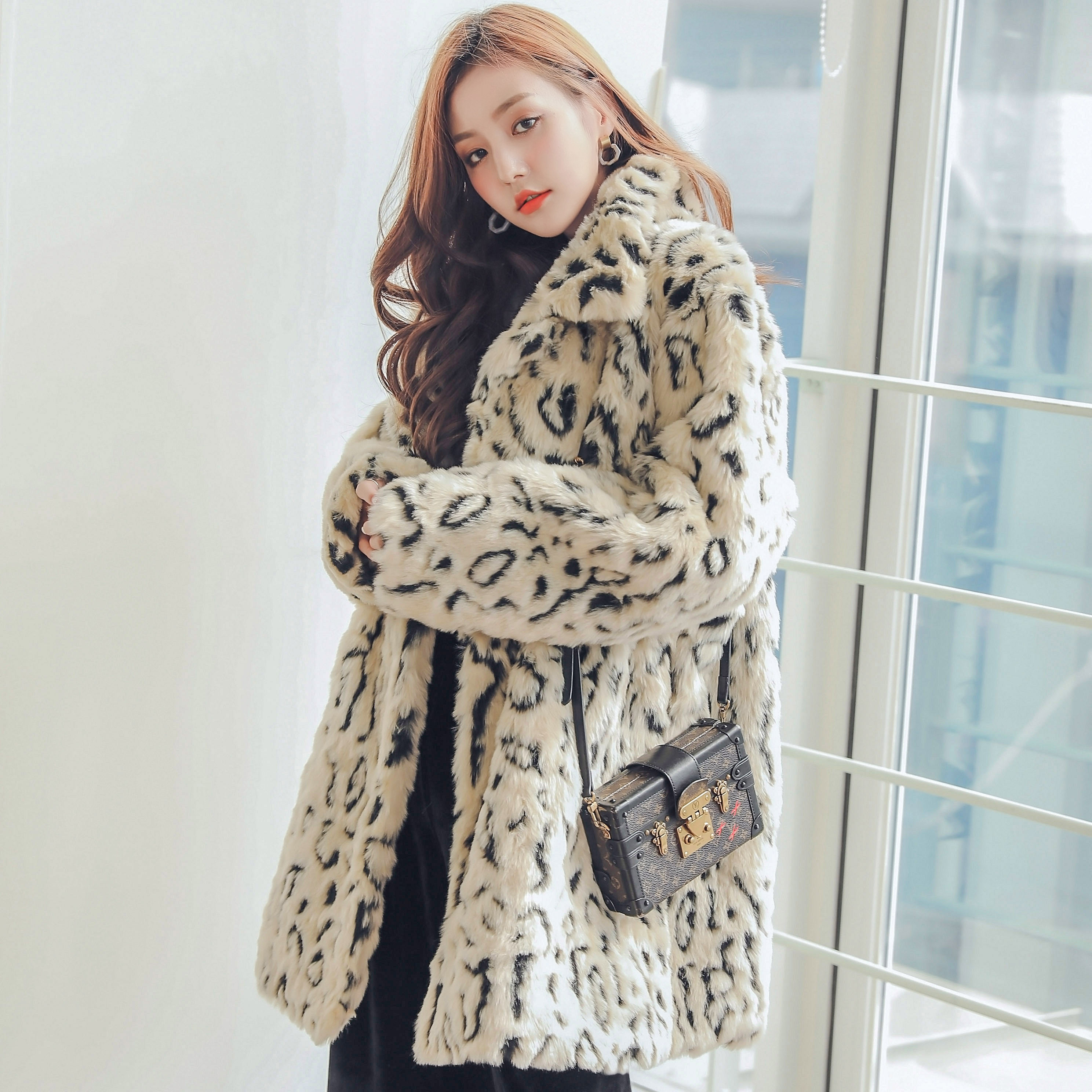 豹纹皮草外套女2019秋冬加厚保暖中长款翻领人造毛毛外套宽松大衣