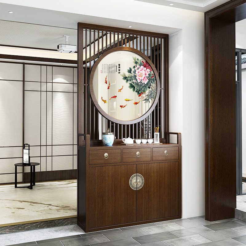 新中式入户实木玄关隔断屏风柜遮挡客厅装饰家用鞋柜简约现代格栅