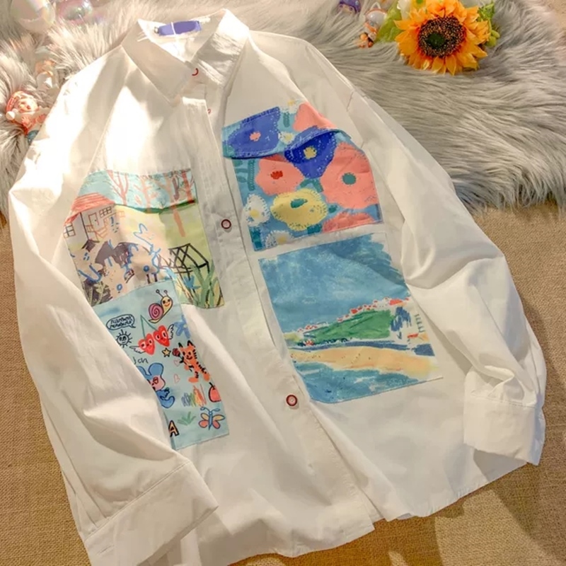 百搭复古图画印花口袋长袖衬衫女ins休闲宽松外套韩范学生上衣服在类目 女装/女士精品, 衬衫中 - 来自Buy2taobao.com提供专业的淘宝代购服务