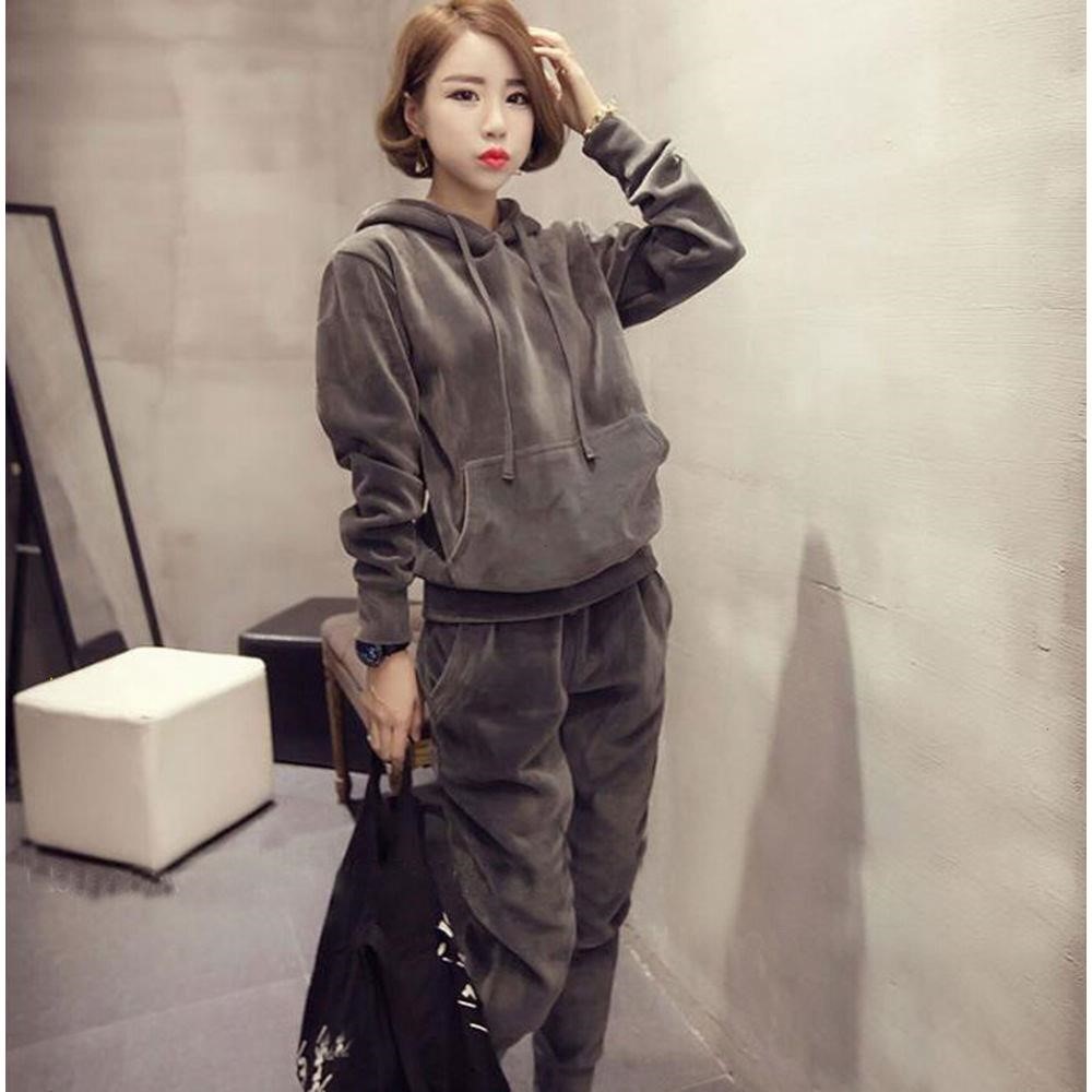 包邮 大码女装2018冬季两件套加绒加厚丝绒卫衣女韩版学生运动套装女