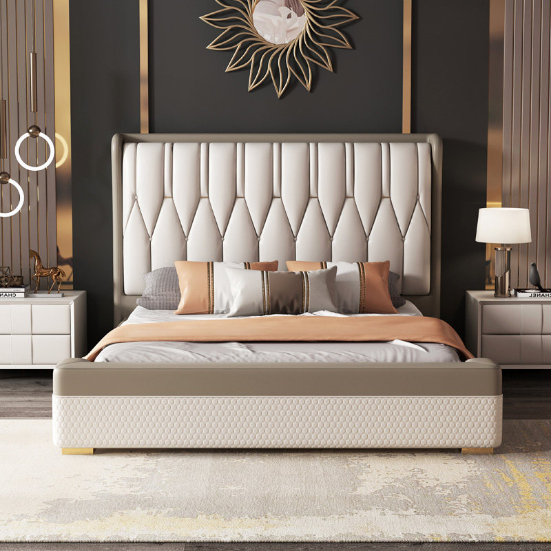 美式真皮床后现代简约轻奢皮艺床1.8米双人床北欧主卧大床家具