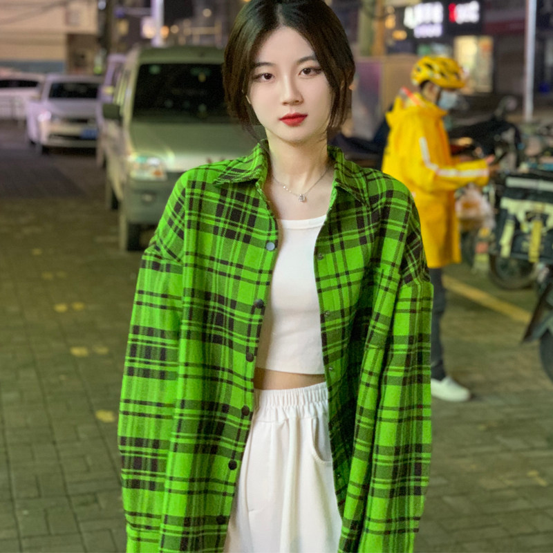 沿汐绿色格子衬衫女2022春秋新款外穿oversize国潮牌宽松长款外套