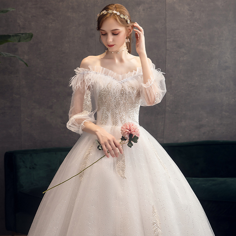 Off Shoulder Feather tassels Wedding dress 2019 new pattern Show thin Waist Simplicity adjust Bandage Trailing wedding dressin the Women's clothing/Boutique , Wedding/Cheongsam/Formal dress , Wedding category - from Buy2taobao.com to provide professional Taobao agent buy service