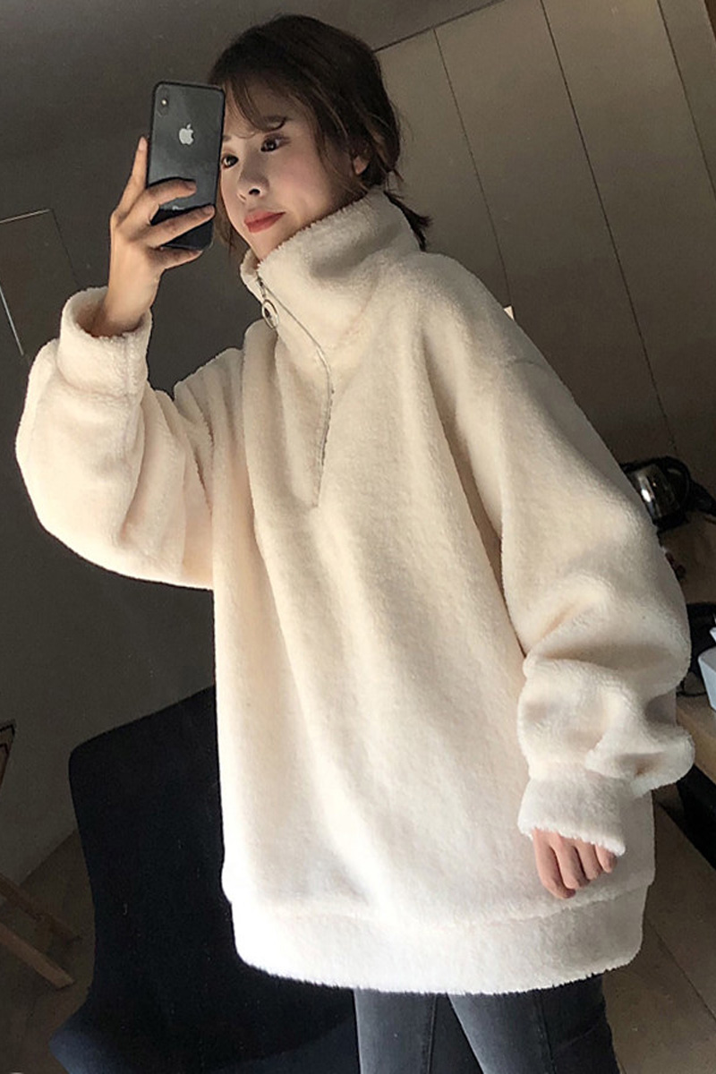 中长款羊羔绒宽松卫衣女秋冬韩版慵懒风加厚高领上衣服毛茸茸外套