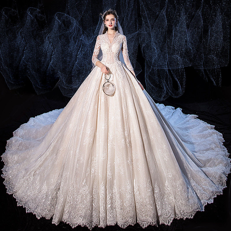 拖尾2020豪华梦幻长袖礼服显瘦星空v领修身婚纱奢侈新款夏季新娘