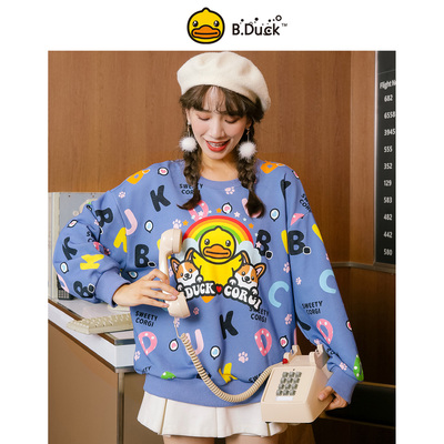 b.duck小黄鸭卫衣女秋冬新款宽松甜美落肩袖大印花上衣学院风 优惠券
