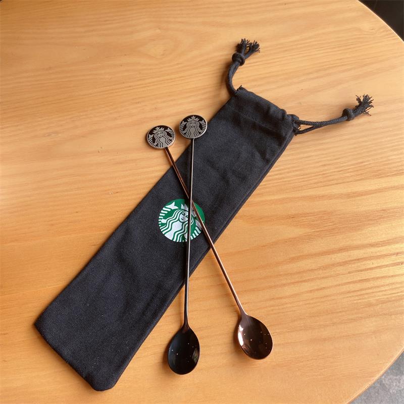 星巴克2021经典女神logo玫瑰金色黑色不锈钢搅拌棒长柄勺咖啡勺子优惠
