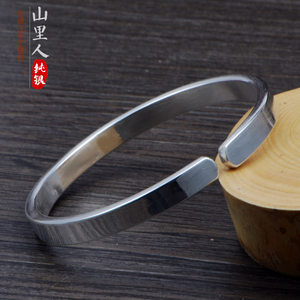新银手镯女999925男纯手工 情侣款简约光面开口云南雪花银镯子刻