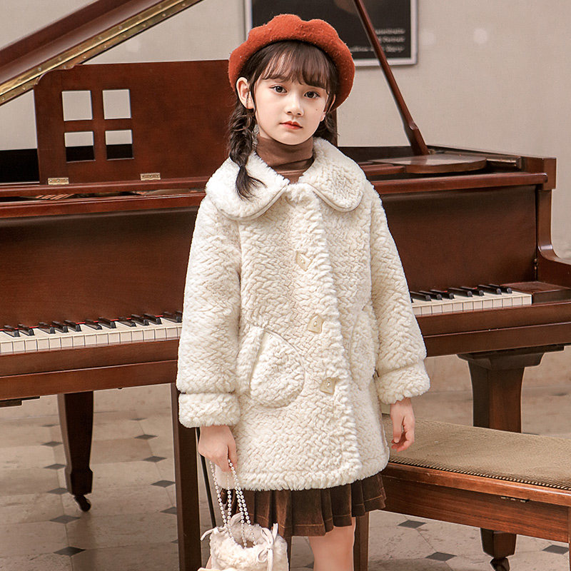 女童冬装外套加绒加厚2021新款女孩毛呢中大童羊羔毛韩版儿童秋冬