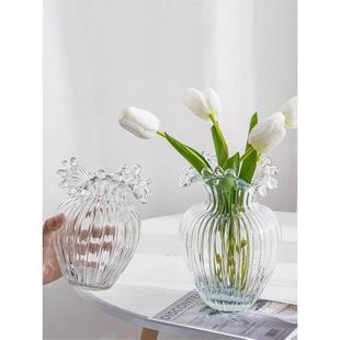 欧式网红卷边浪花口玻璃花瓶创意客厅桌台透明鲜花水培绿植插花器