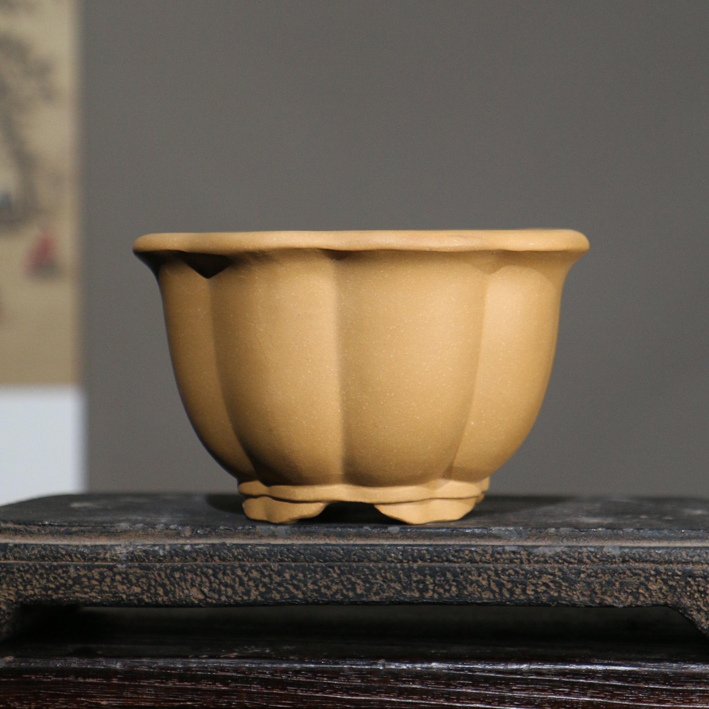 宜兴紫砂花盆盆景盆微型棱花全手工盆景盆古铜泥禅意