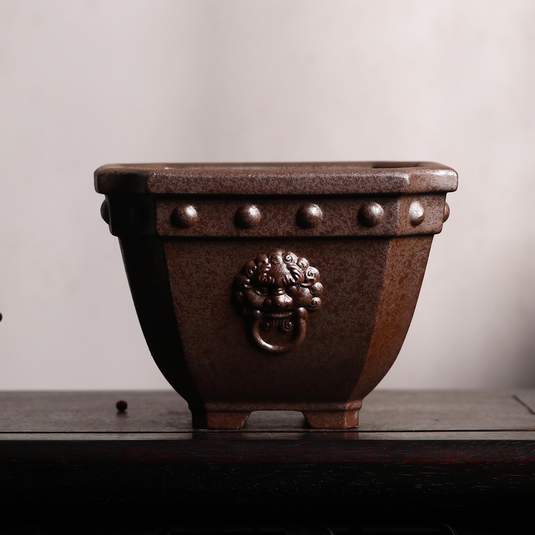 紫砂花盆陶瓷盆景盆狮子兽面斗盆兰花盆觅陶乡柴烧仿古古风鼓丁盆