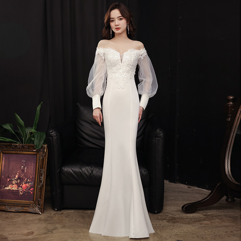 白色晚礼服裙女宴会2021新款高端气质鱼尾奢华春季高贵高档主持人