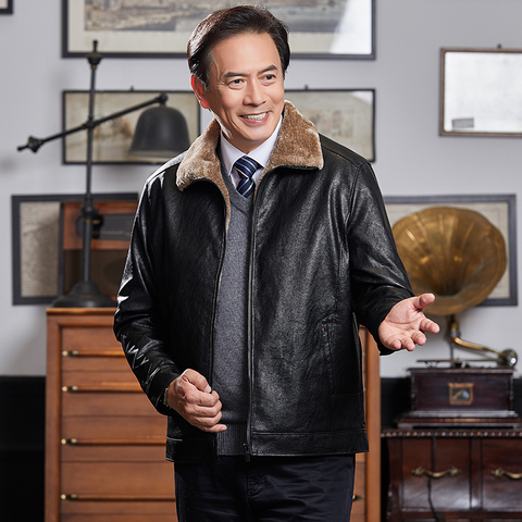 爸爸冬装外套中老年人加绒加厚款40皮衣50岁秋冬季中年男装皮夹克