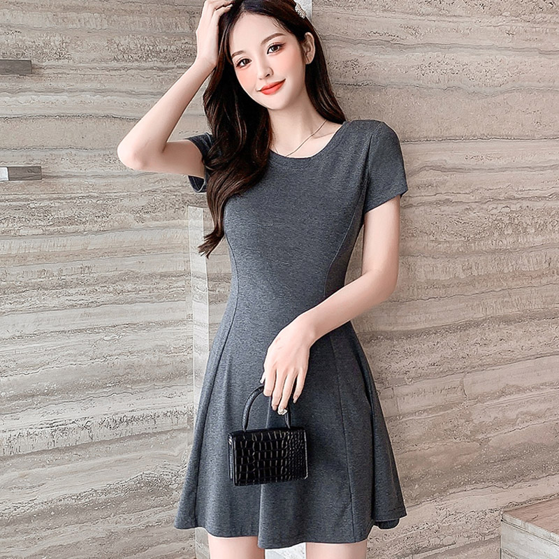 t恤裙女夏短款修身显瘦a字纯棉连衣裙小个子纯色简约打底裙小黑裙