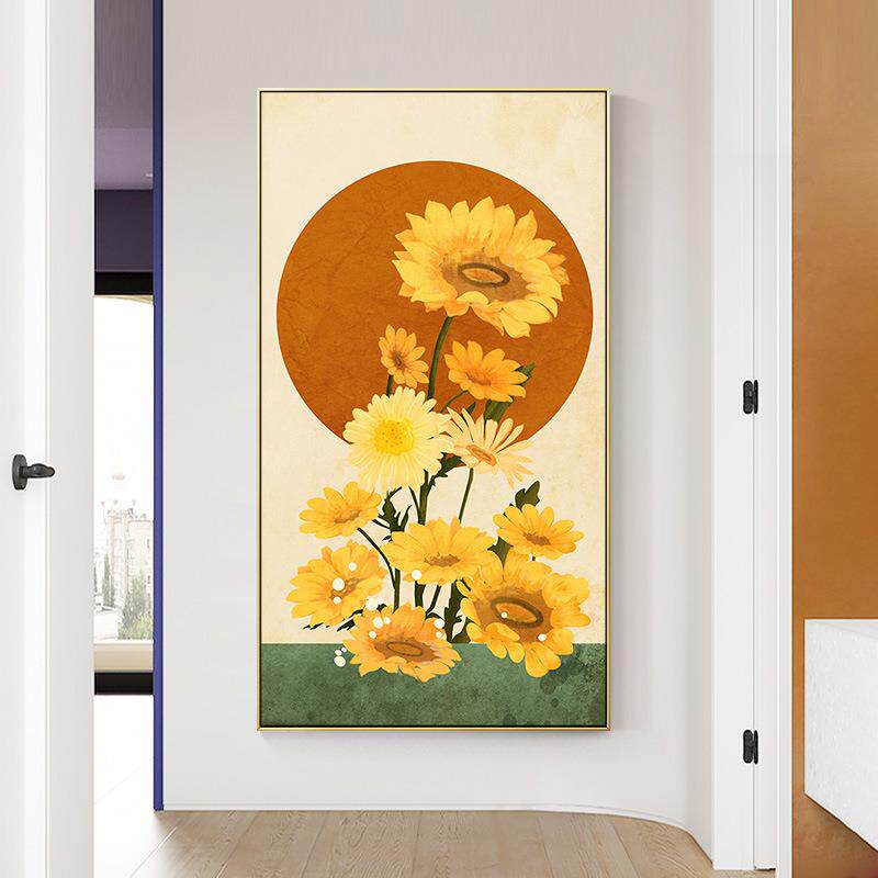 玄关画竖版向日葵装饰画北欧风客厅对门过道壁画进门走廊尽头挂画