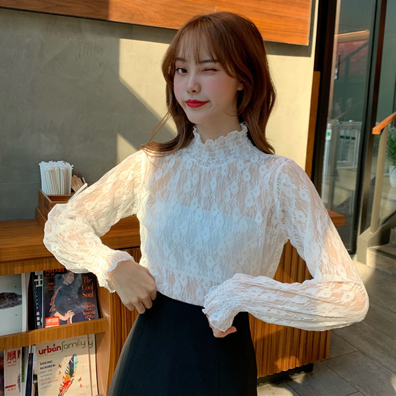 白色镂空蕾丝衫女秋装2021年春秋新款高领内搭上衣网纱长袖打底衫