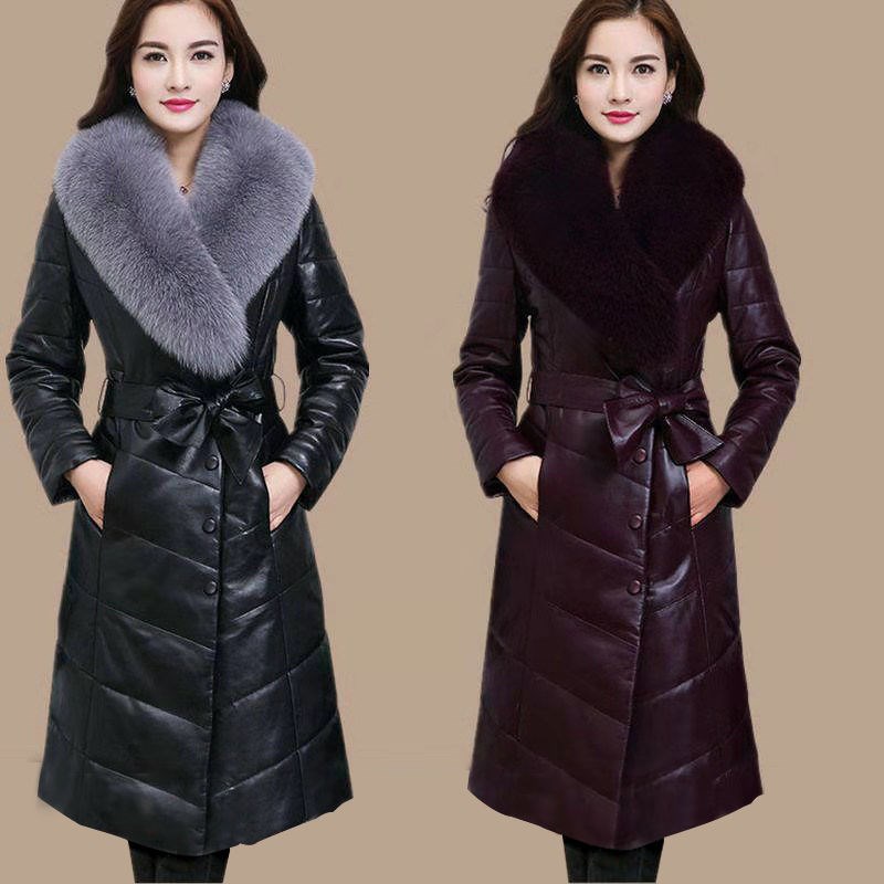 冬季新款pu皮衣棉服女中长款皮棉衣大毛领中年女装加厚棉袄外套
