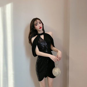 Off shoulder waist bag buttocks sequin dress dress