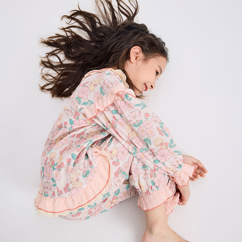 [繁花兔子]女童睡衣夏季纯棉儿童春秋家居服女孩女宝宝中大童套装