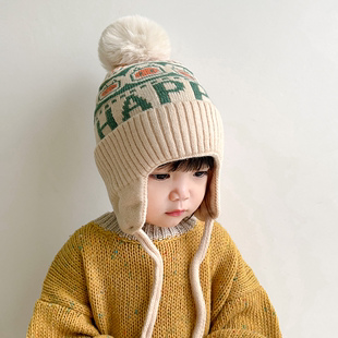 宝宝帽子冬季韩版男童女孩加厚毛线护耳帽保暖防风秋冬针织毛球帽