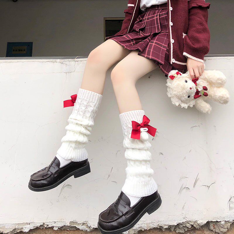 蝴蝶结日系白色堆堆袜女jk秋冬款保暖针织毛球小腿辣妹袜套可爱