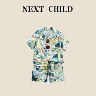 英国Next Child男童夏季夏威夷花衬衫套装儿童沙滩度假薄款带眼镜