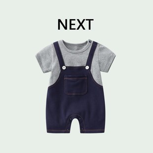 英国NEXT夏季婴儿连体衣服男宝宝哈衣薄款外出短袖牛仔假两件爬服