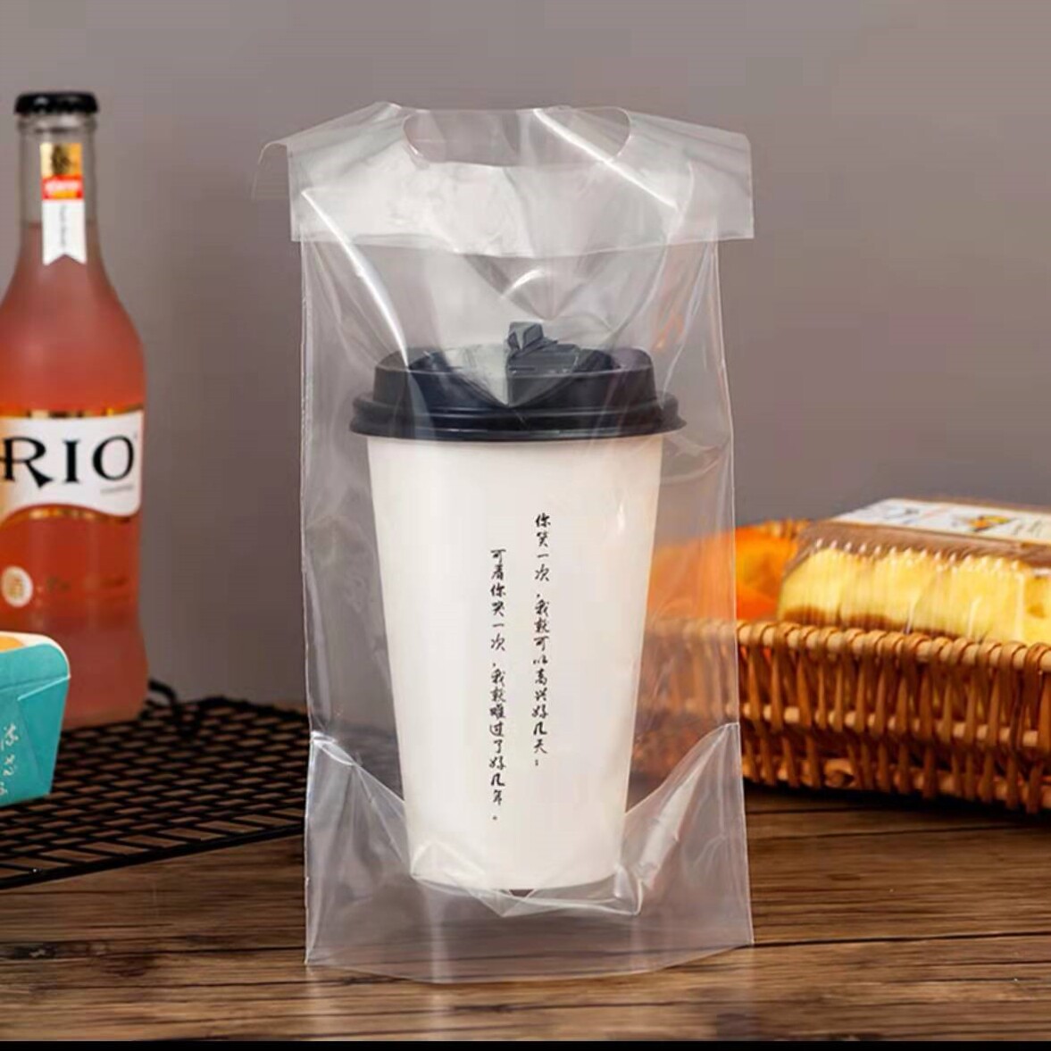 奶茶外卖打包袋一次性手提袋加厚透明单双杯高档手提塑料袋子现货